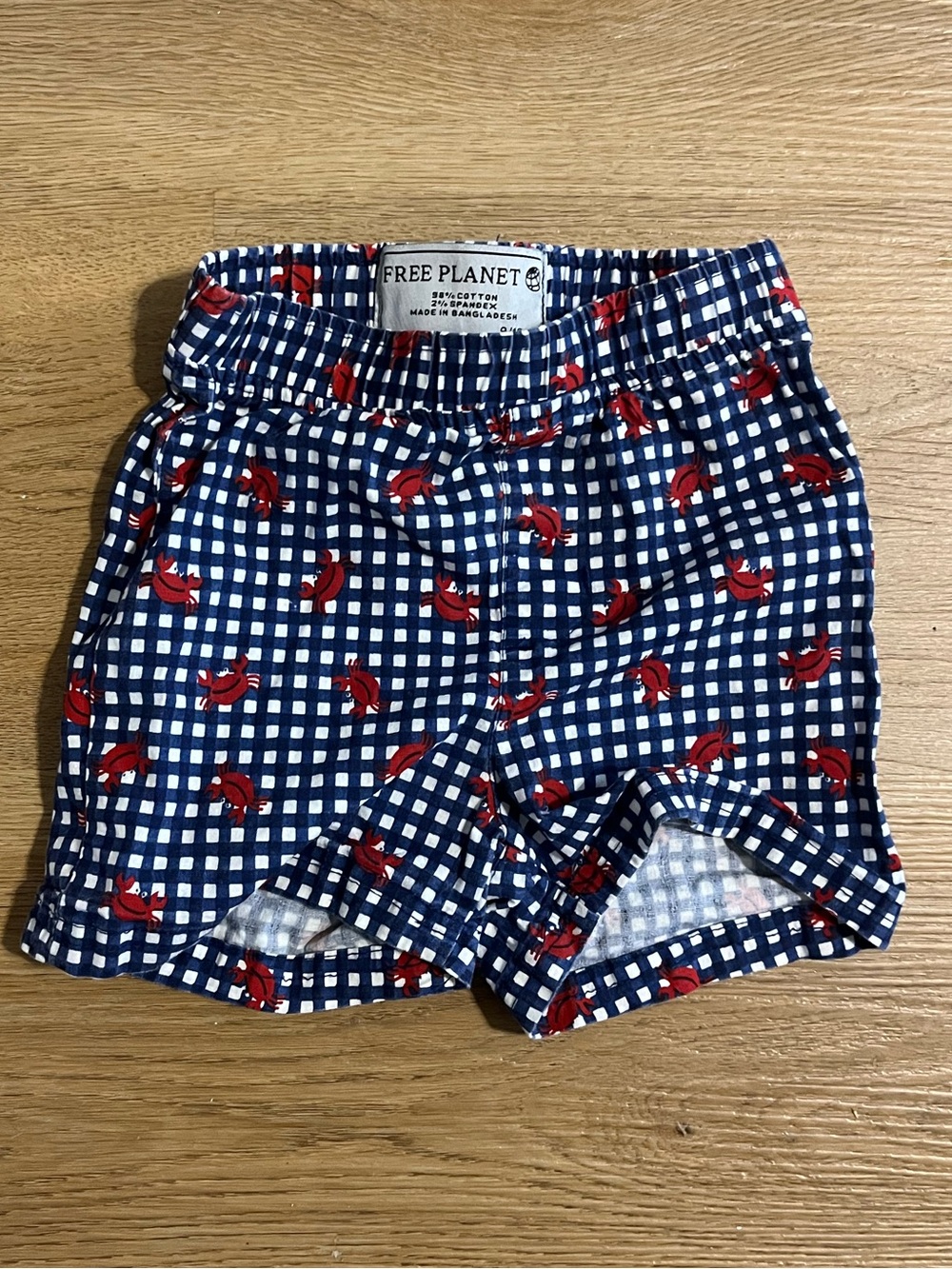 Free Planet Navy & White Gingham Shorts with Red Crab Print